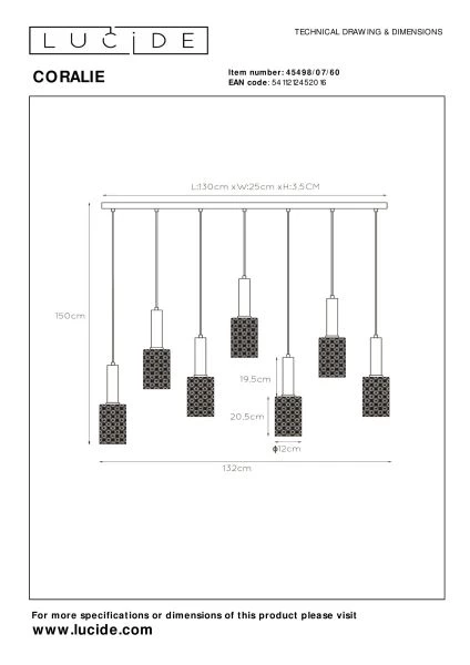 Lucide CORALIE - Pendelleuchten - 7xE27 - Transparent - technisch